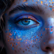 Auge Make up einer Frau in fantastischer Glitzer Dekoration Visagistik Nahaufnahme, ai generativ