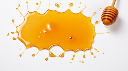 Wall Mural - Honey splash and wooden dipper isolated on a white background.