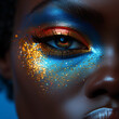 Auge Make up einer afroamerikanischen Frau in fantastischer Glitzer Dekoration Visagistik Nahaufnahme, ai generativ
