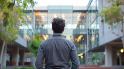 rear view of a man in casual business attire looking at a modern office building with a garden court