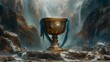 Copy Space A golden trophy with blue ribbon surrounded misty atmosphere and smokey background for champion, AI Image Generative