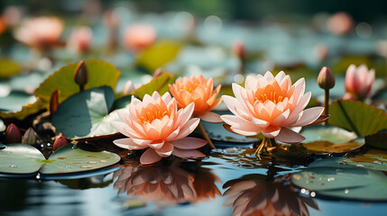 Wall Mural - Soft orange lotus flowers rest on calm water, surrounded by floating green leaves under a clear, bright blue sky