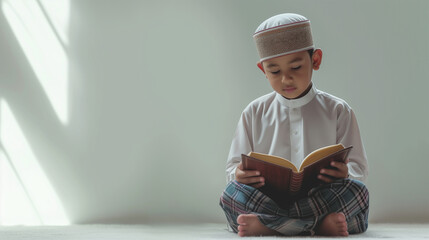 A boy reading quran on white background