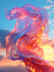 Poster - 3D abstract silk cloth 3D futuristic cyberpunk hyper realism detailed isolated on sunset sky, colorful reflective holographic flow silk gold iridescence glowing on landscape background.