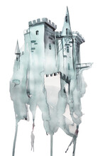 Watercolor Hand Painted Castle Isolated On White. Medieval Fairy Tale Palace Illustration. Fairytale World Concept Design.	