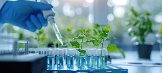 Poster - Plants in lab tube. Science laboratory experiments analysis and genetic engineering study.