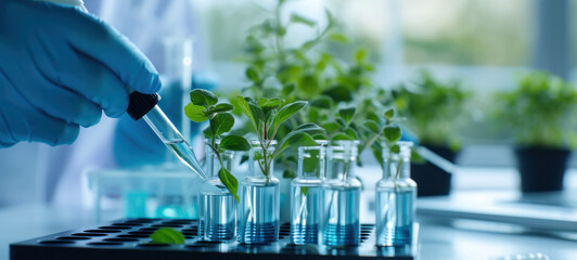 Poster - Plants in lab tube. Science laboratory experiments analysis and genetic engineering study.