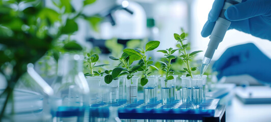 Poster - Plants in lab tube. Science laboratory experiments analysis and genetic engineering study.