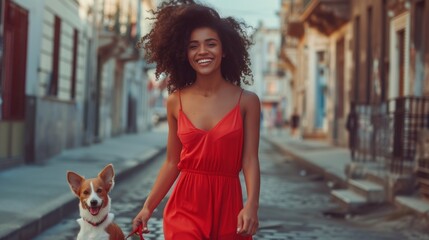 Wall Mural - A young beautiful woman with curly hair dressed in a sundress walks with her dog along the street of a big city