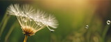 Fototapeta Dmuchawce - a dandelion seed head with translucent filaments glistening with dew