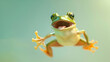 Green exotic frog jumping on a pastel gradient background with copy space. February 29th leap year day concept