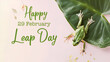 A green frog jumps on a pastel spring background with the text 