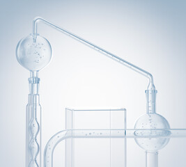 Cosmetic podium display with glass flask and cylinder equipment in medical science lab background, 3d rendering