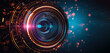 Abstract futuristic camera lens on dark background, space for text