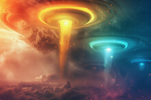 Tornado and rainbow fusion alien symbols glowing within