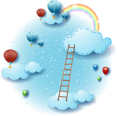 Canvas Print - Sky landscape with clouds, rainbow and ladder. Fantasy illustration vector eps10