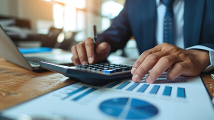 businesswoman working on desk office with using a calculator to calculate the numbers, finance accou