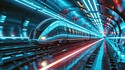 Wall Mural - fast modern express passenger train high speed railway hyperloop moving flash light Futuristic technology hi tech future digital transport hyperloop concept