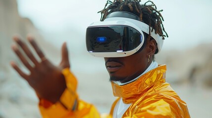 Aufkleber - A black man wearing virtual reality glasses with a virtual reality headset tries to touch something with his hand as he plays video games