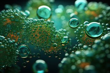 Close-up view of vibrant green cells with surrounding transparent bubbles, highlighting the intricate beauty of microscopic life.