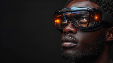 Aufkleber - A black man in VR glasses watches 360 degree video with a virtual reality headset on a black background.