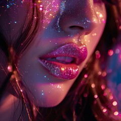Beautiful young woman closeup portrait with bright pink lips long black eyelashes and glitter on her face.