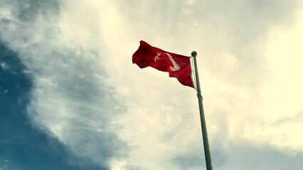 Wall Mural - Turkish flag at flagpole in windy and cloudy day