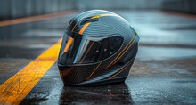 Motorcycle Helmet On A Concrete Floor With Yellow And Orange Reflective