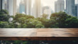 Empty wood table top and blur glass window wall building banner mock up abstract background