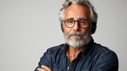 Poster - On a white background, a confident mature man is wearing a headset and his arms are crossed.