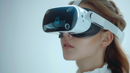 Poster - Caucasian woman using VR headset and looking up in virtual reality on gray background.