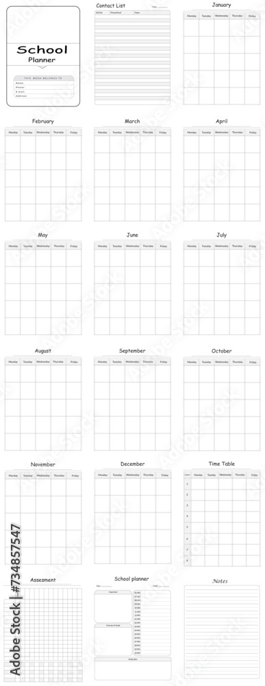 Editable School planner Kdp Interior printable template Design. Stock ...