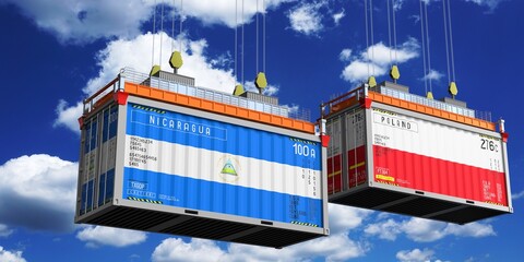 Shipping containers with flags of Nicaragua and Poland - 3D illustration