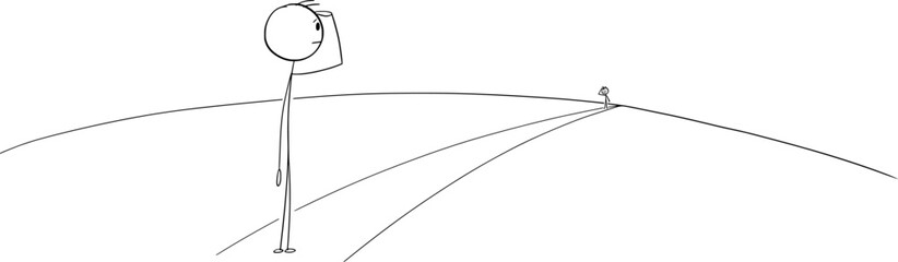 person watching another man in far on long road, vector cartoon stick figure illustration