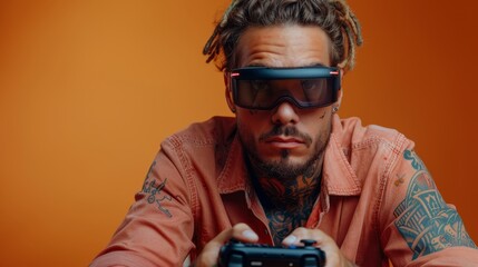 Poster - Tattooed young brunet man in his 20's with an apricot shirt holds a PC game controller with joystick while watching a VR headset on a pastel orange background.