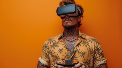 Poster - Tattooed young brunet man with short haircut wearing apricot shirt while playing a computer game with joystick console holding a virtual reality headset on pastel orange background.