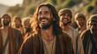 Jesus smiling. Portrait. A group of followers, Real photography. testimonies.