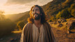 Jesus by himself. Smiling and praying. Positive portrait. 