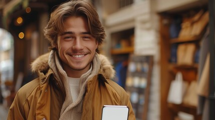 Sticker - An emotional young man holding a big blank cell phone showing the white screen to the camera as he points it at you. A millennial man recommending a new app or mobile website, with a mockup banner