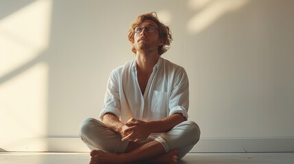 Poster - Isolated on white background, young man sitting on the ground with glasses and looking surprised