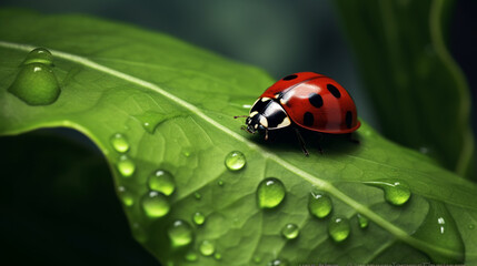 A vibrant red ladybug on a dew-speckled green leaf