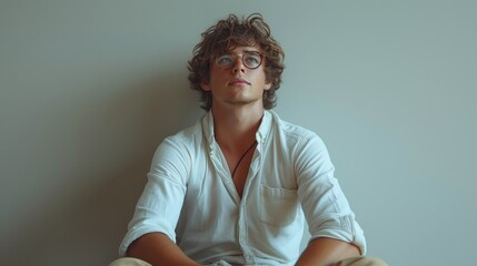 Poster - An isolated young man with glasses sitting on the floor on a white background