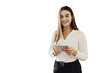 © muse studio - The secretary is a young professional woman using a tablet, an office employee. Transparent isolated background.