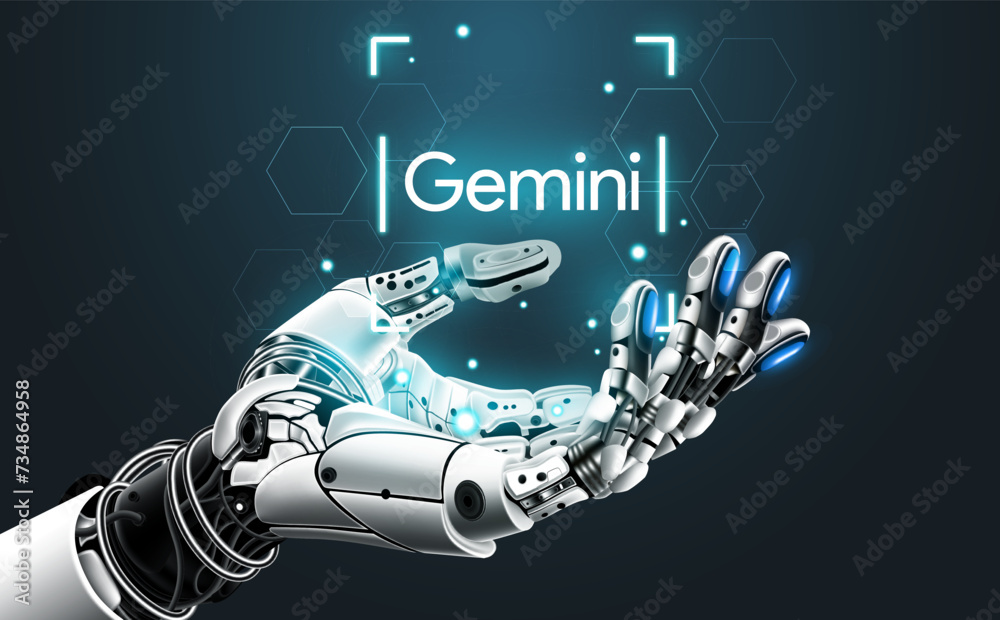 Gemini AI humanoid hand holding Gemini Logo hologram, Future cybernetic artificial intelligence technology concept, vector illustration