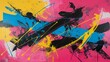 Dynamic Graffiti-Style Abstract Canvas Artwork Bold Angles in Pink, Yellow, Blue, and Cyan Tones with Red Highlights