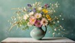 A beautiful bouquet of flowers in a ceramic vase on a table stand on a pale green wall background