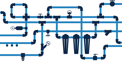 Wall Mural - Water pipe system with valves and water filters. Design banner background for plumbing work