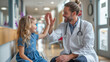 Doctor : Friendly pediatrician giving high five to little patient. Cute preschool girl in greeting doctor while sitting on bench in hospital corridor.