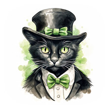 Watercolor Black Cat Wearing Patrick Day Hat Isolated On White Background