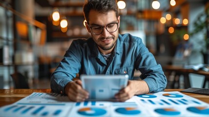 Poster - On isolated studio background of Asian man with digital tablet searching for finance app, fintech investment or insurance budget. His smile is happy or he is working on technology for investment in